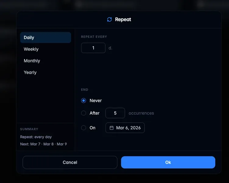 Configuring a repeatable task in Will Be Done