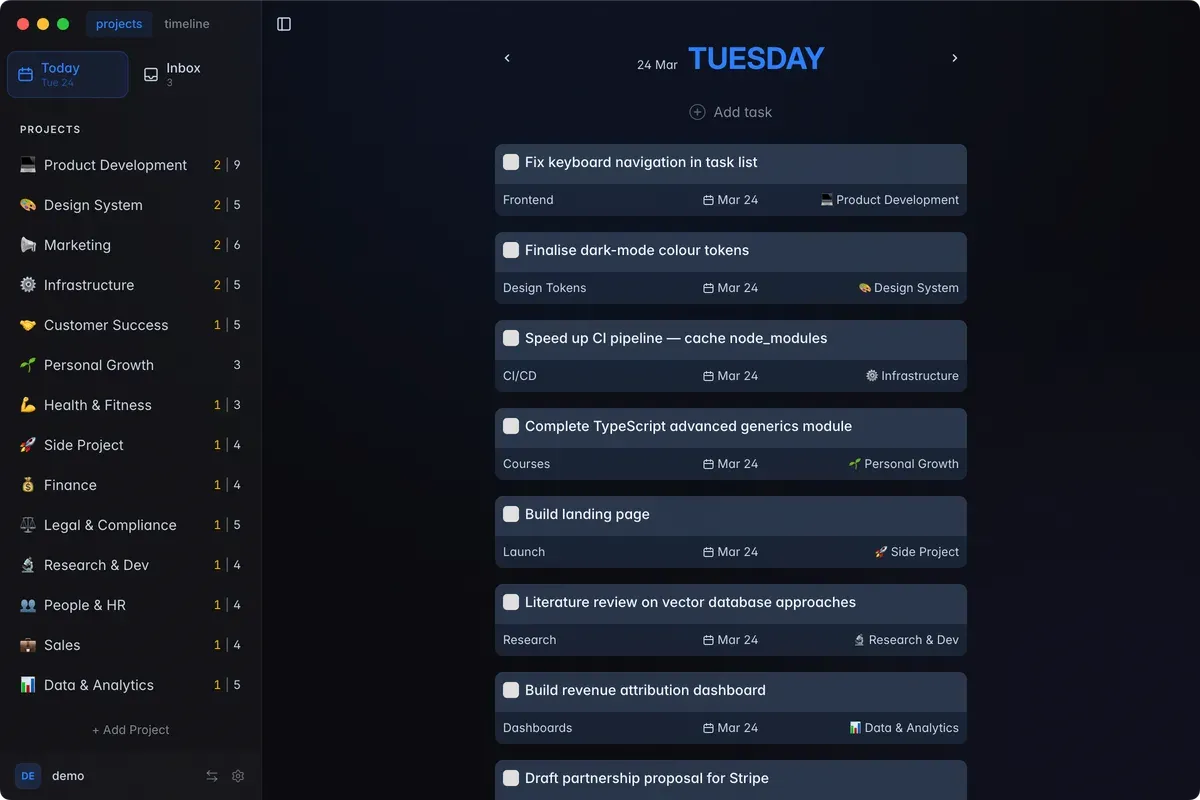 The projects board in the Will Be Done desktop app