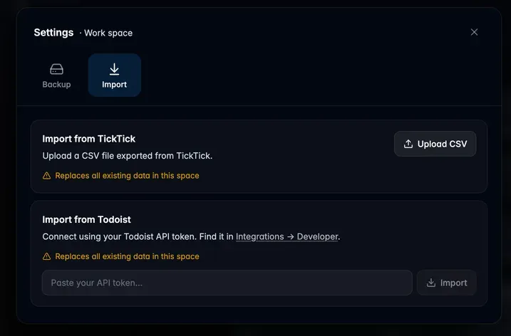 The import screen for TickTick and Todoist in Will Be Done
