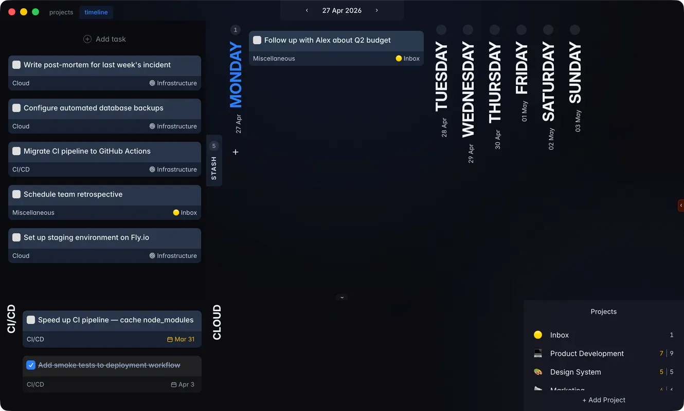 The Stash sidebar holding undated tasks in Will Be Done