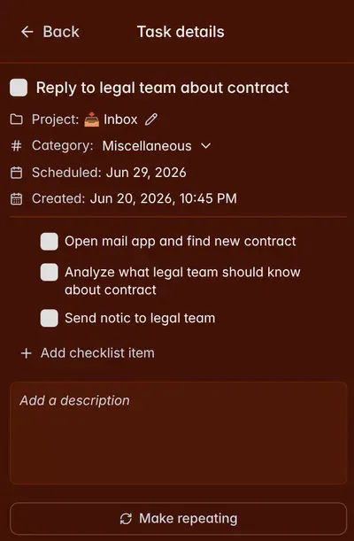 Task details page on mobile in Will Be Done