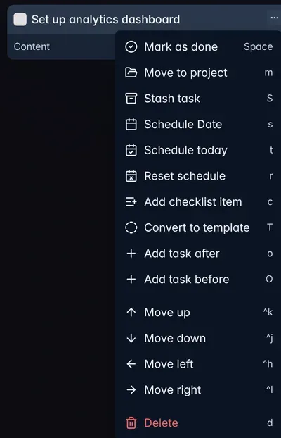 Task action menu with keyboard navigation in Will Be Done