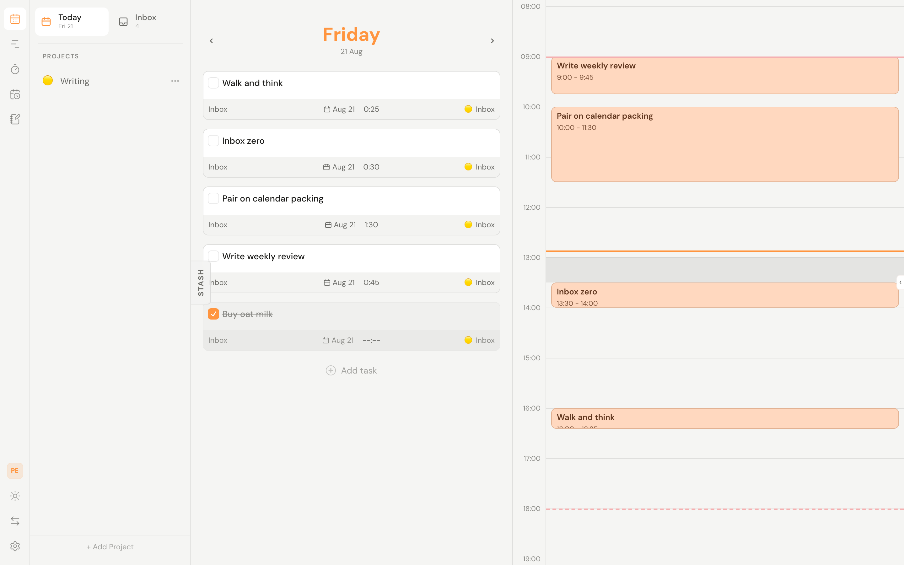 The best-open-sunsama Today view, with a task list beside an hourly calendar.