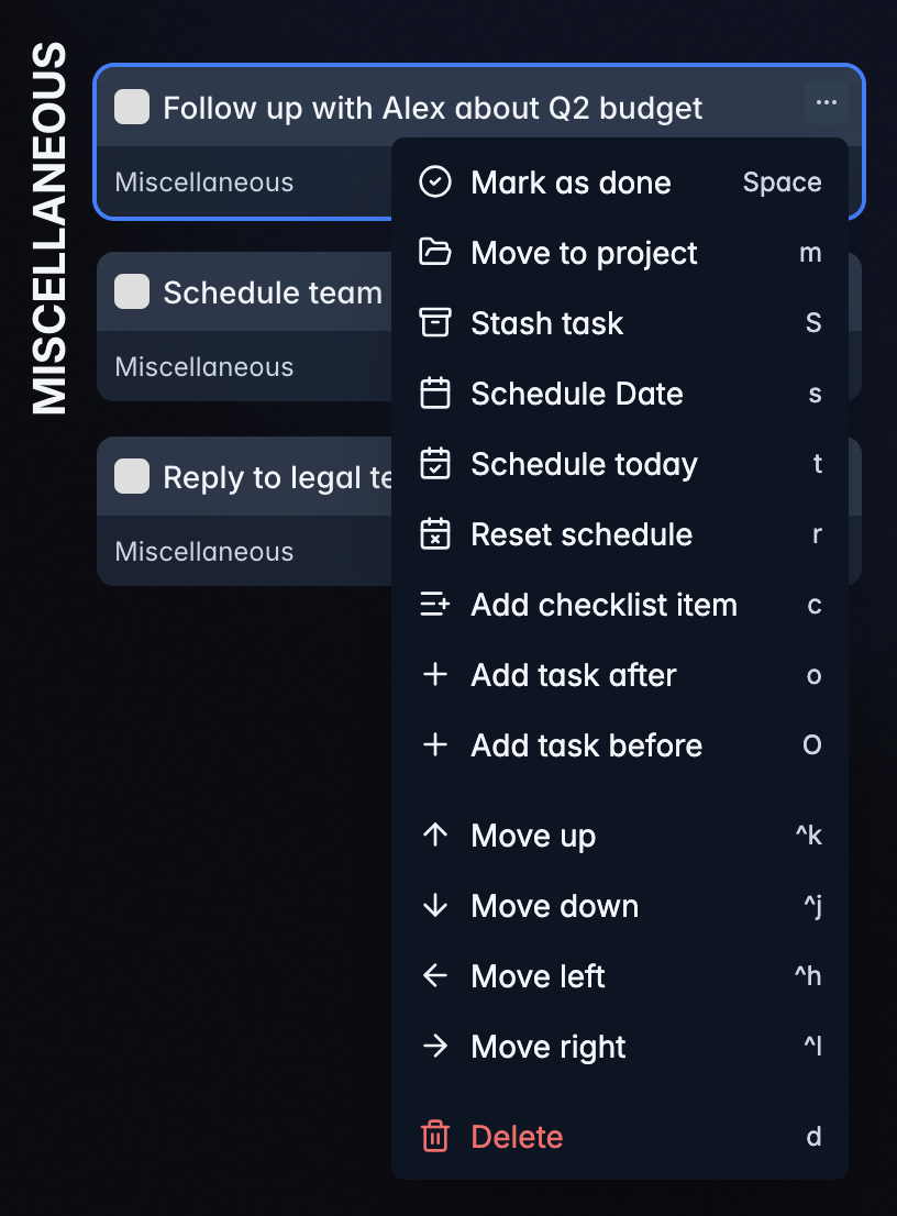 Will Be Done task action menu showing Vim keyboard shortcuts for completing, moving, creating, and deleting tasks